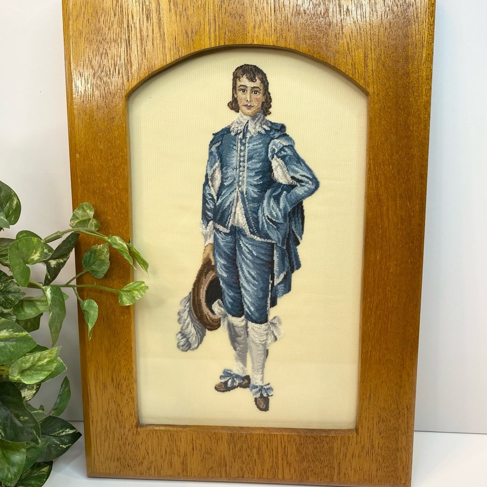 Vintage Blue Boy Petit Point Picture Antique Regency Wall Art Victorian Decor